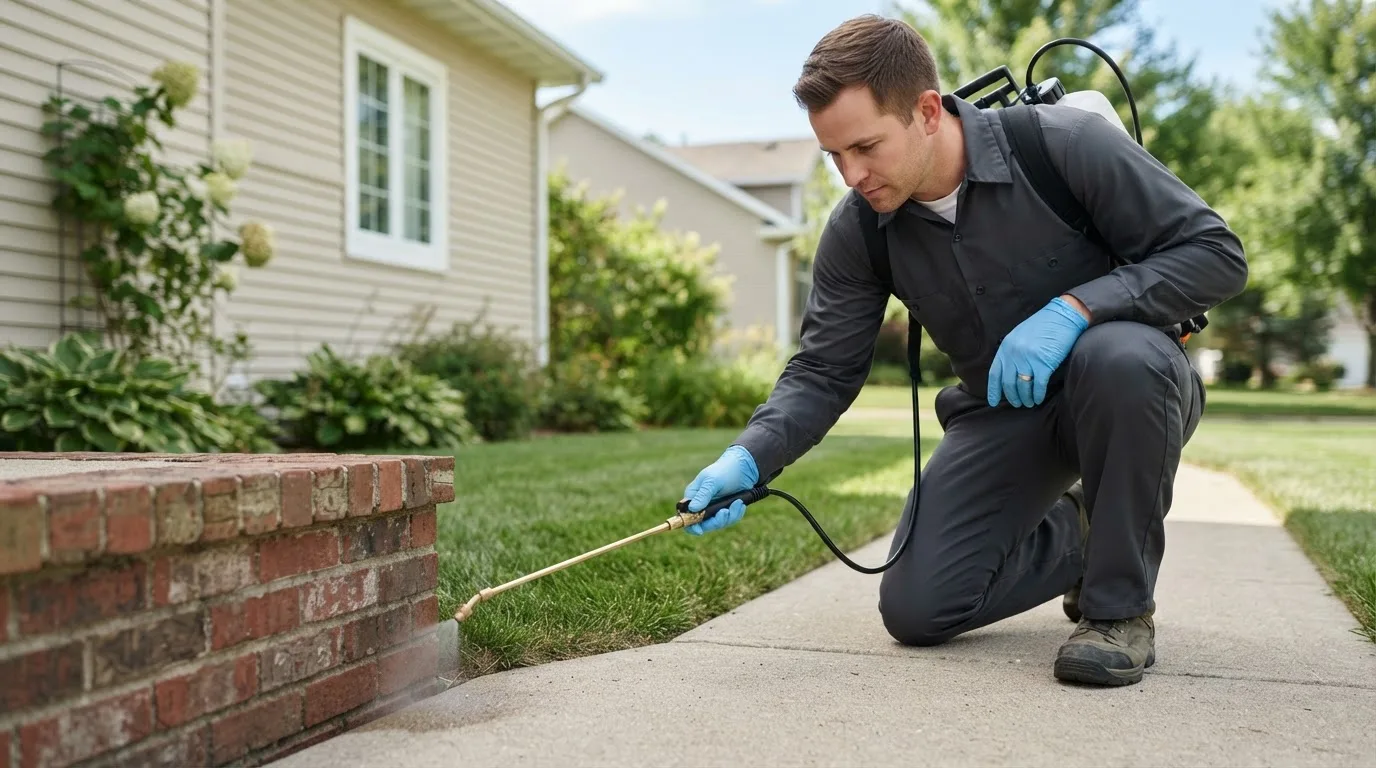 Pest control technician treating a home near Berlin Heights, OH