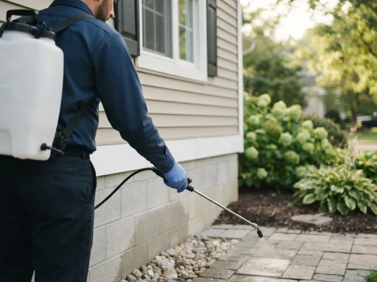 Pest control technician inspecting a home in Berlin Heights, OH